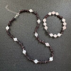 Hand-crafted Garnet & Rose Quartz Beaded Necklace and Bracelet Set